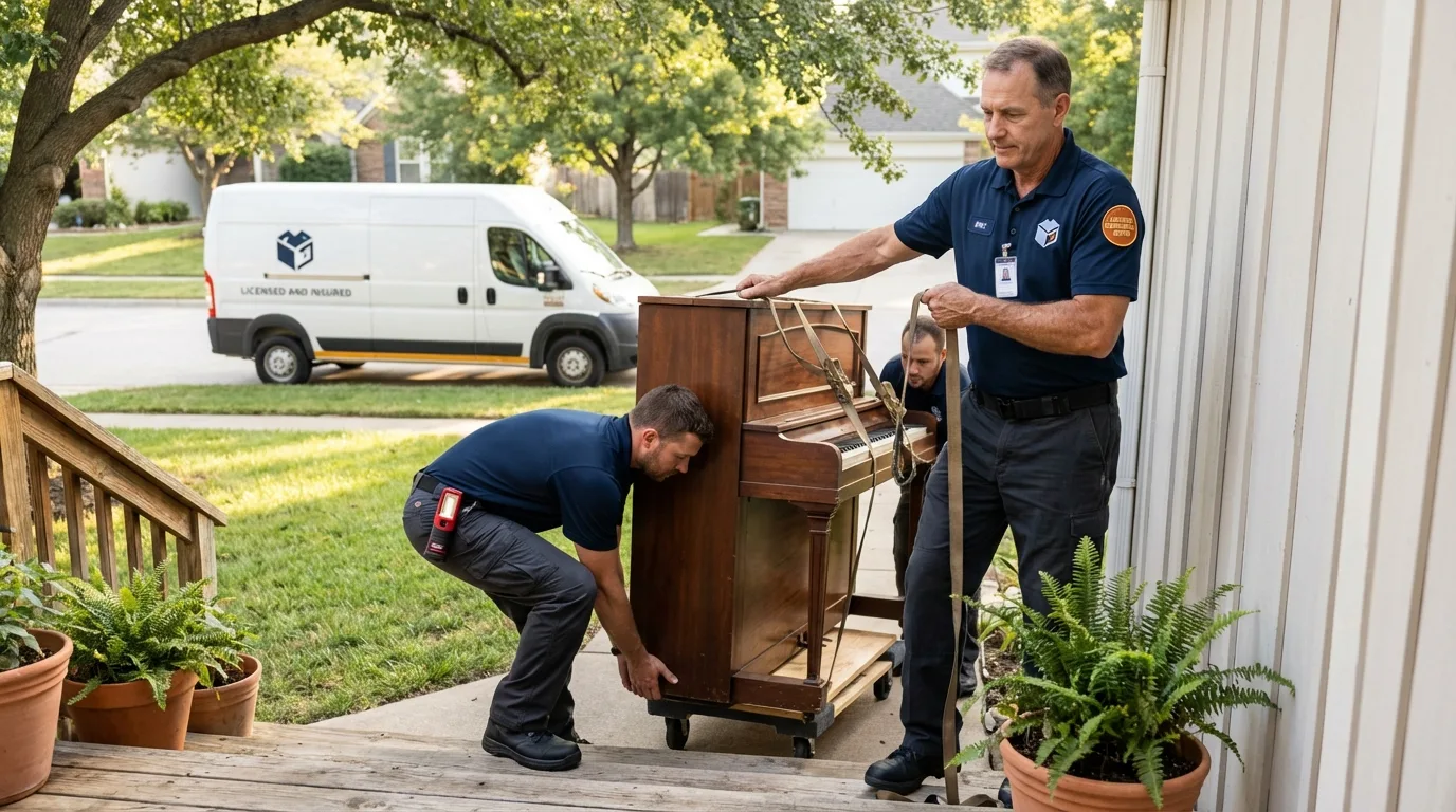 Licensed piano movers securing grand piano in Eagle Point, OR