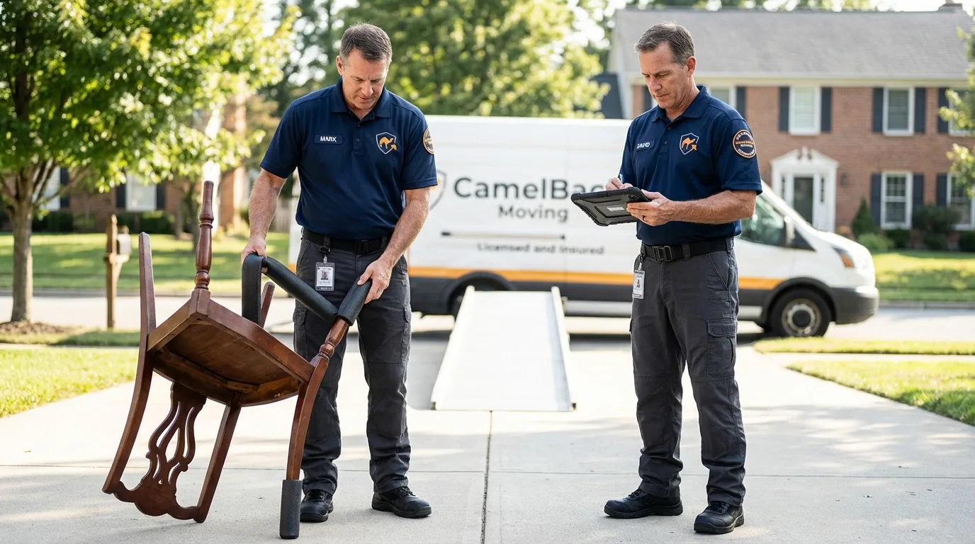 Movers inspecting furniture for damage prevention before loading in Eagle Point, OR